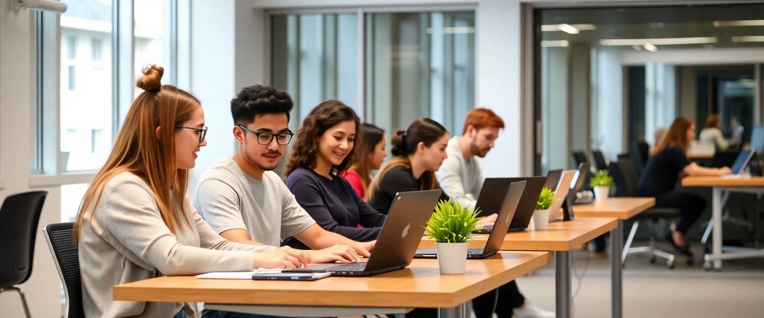 Étudiants travaillant sur des ordinateurs dans un environnement moderne