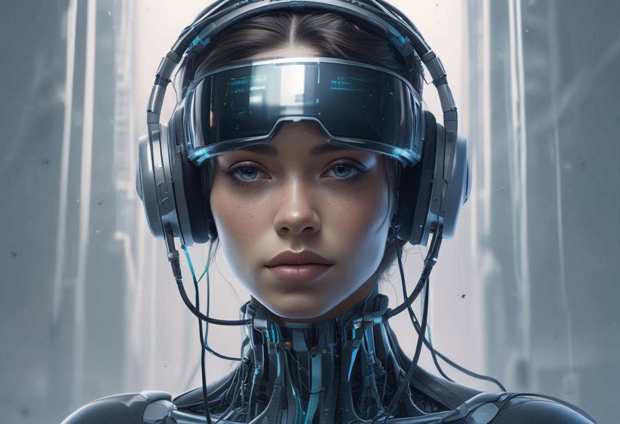 A person wearing a futuristic neural interface headset