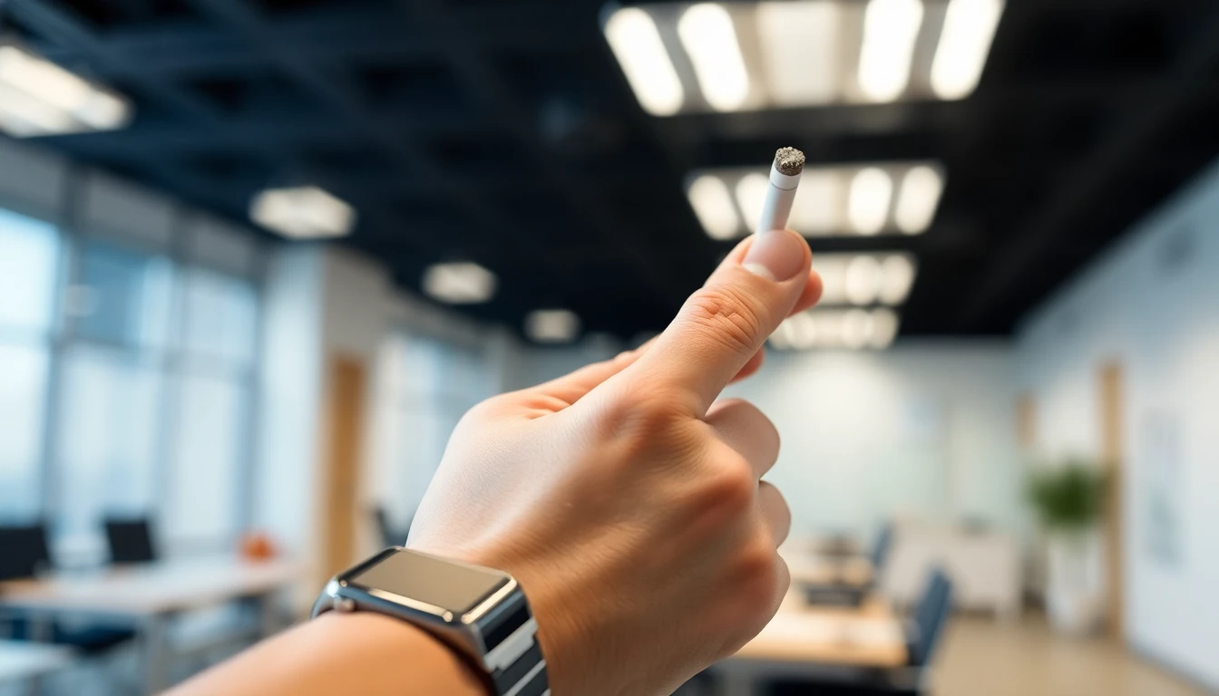 A close-up, slightly blurred shot of a hand holding a cigarette. The background is out of focus but suggests a modern office environment. The person is wearing a smartwatch on their other wrist.