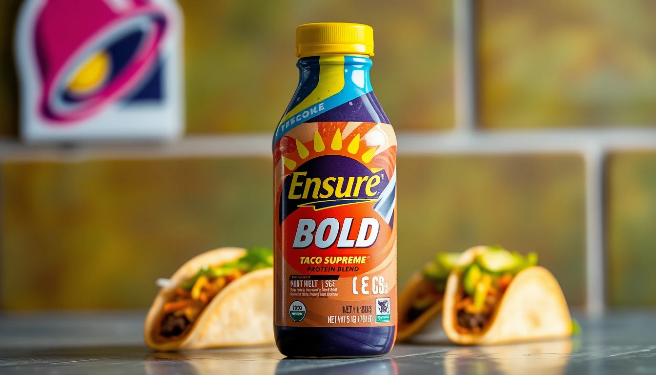 A close-up, vibrant photograph of the Ensure® BOLD Taco Supreme Protein Blend shake bottle against a backdrop of Taco Bell