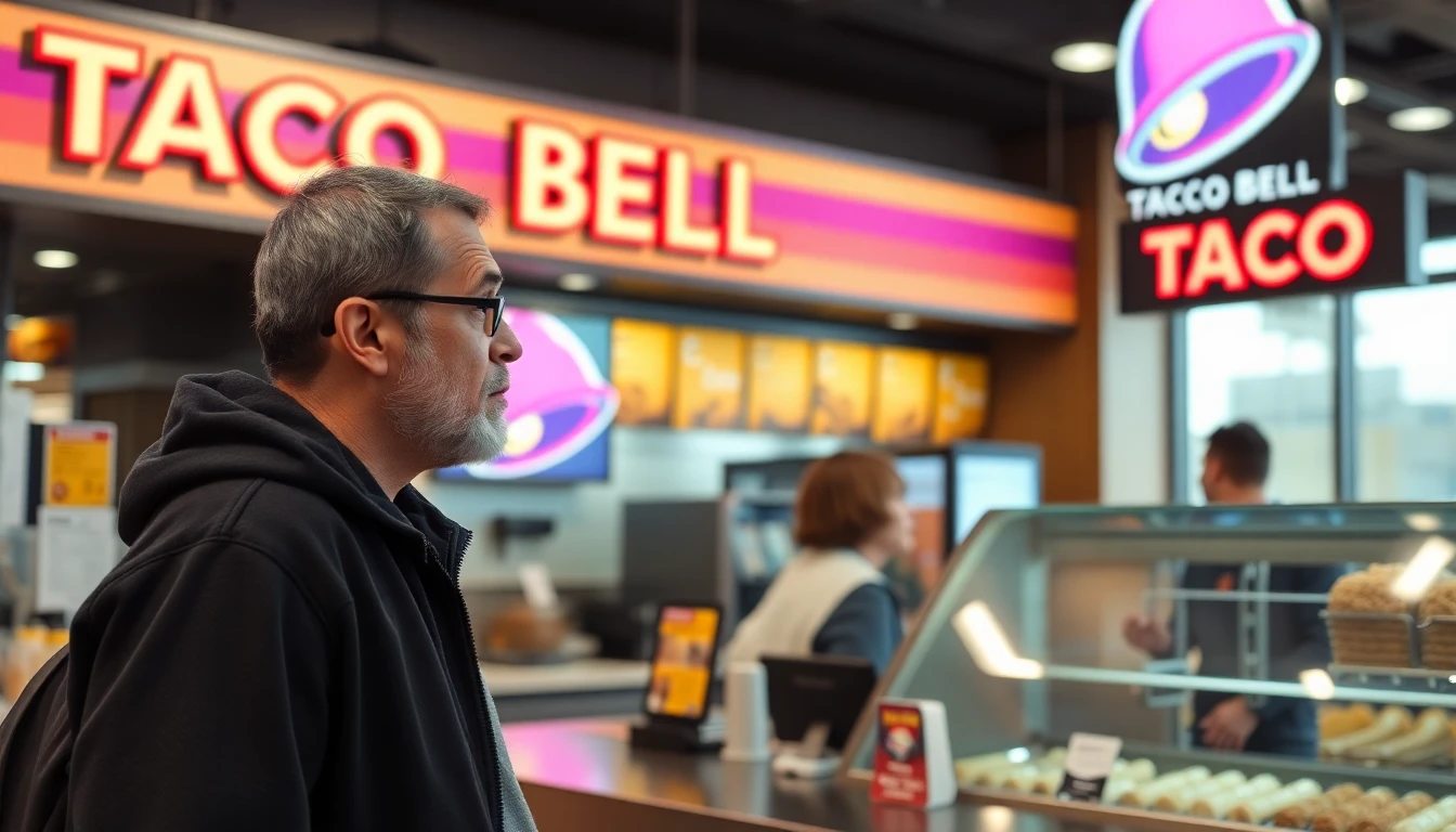 A confused customer is standing in front of a Taco Bell counter. He