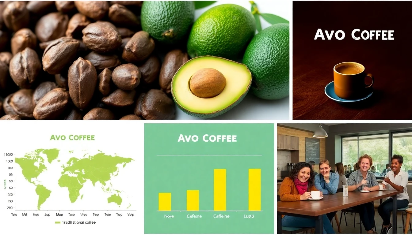 A digital collage showing various images related to Avo Coffee: a close-up of roasted avocado pits, a map of avocado-producing regions, a graph comparing caffeine levels in Avo Coffee vs. traditional coffee, and a diverse group of people enjoying Avo Coffee in a modern cafe setting.