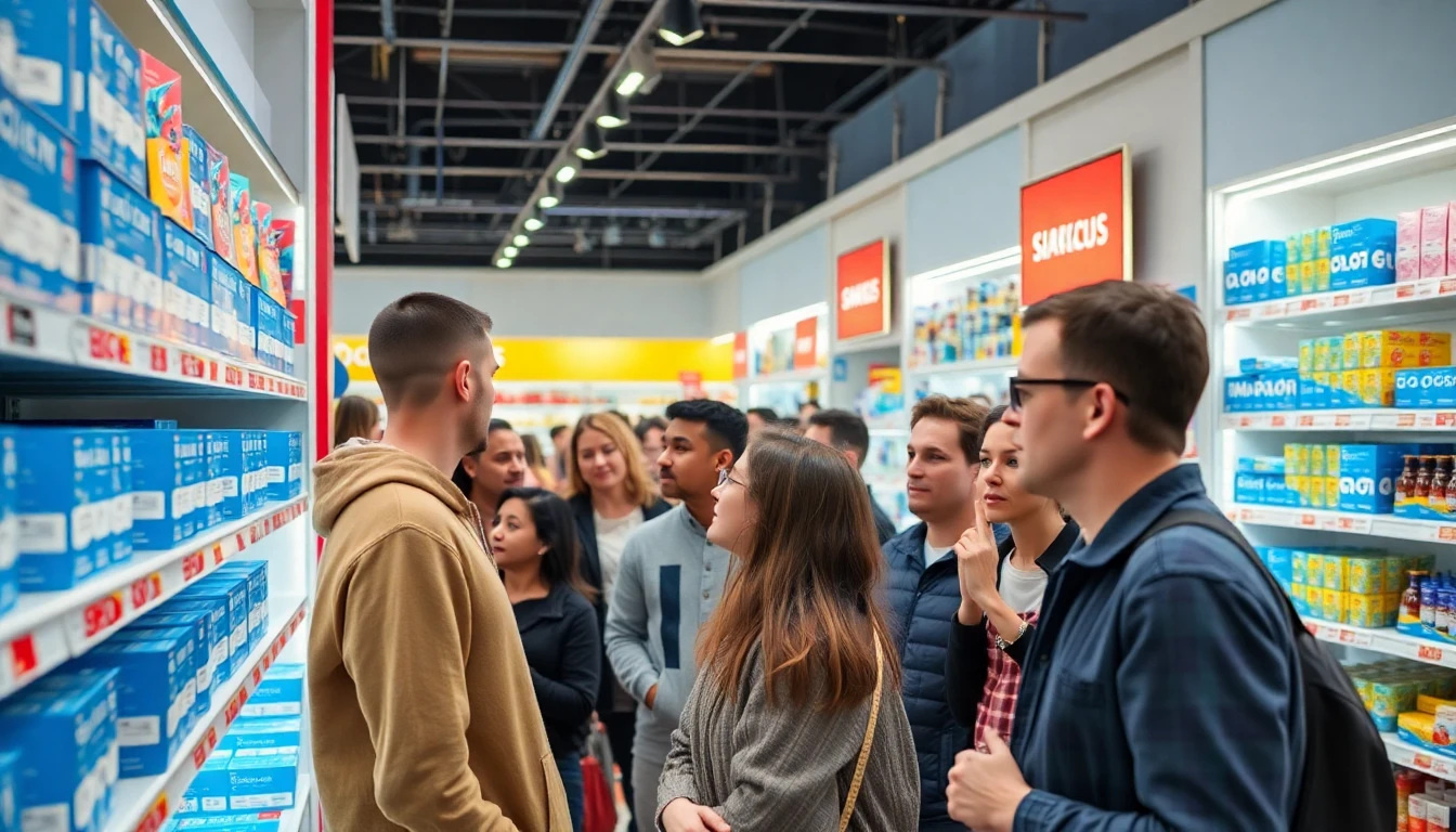 A diverse crowd of people inside a brightly lit drugstore looking at a display shelf filled with blue boxes labeled 