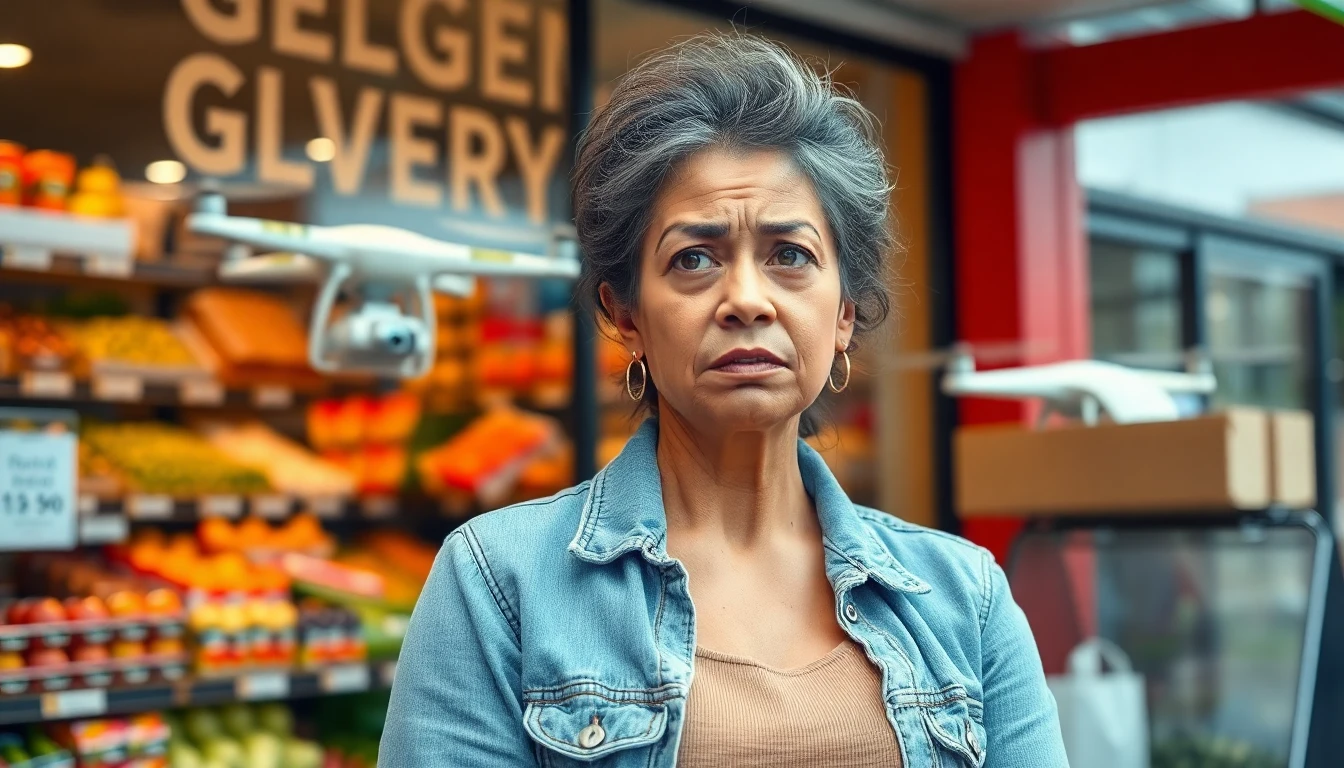 A frustrated small business owner standing in front of her grocery store, looking concerned, with a delivery drone visible in the background.