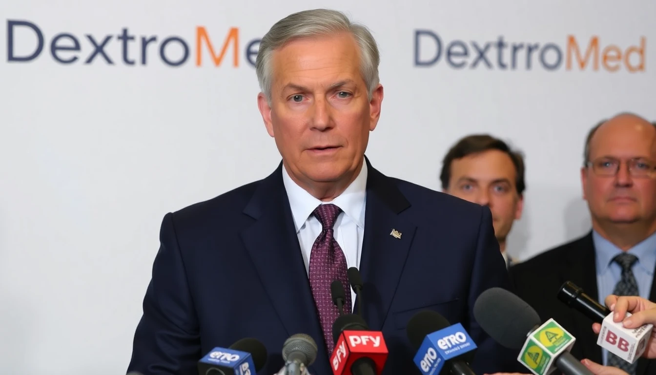 A man in his late 50s, wearing a dark blue suit, looking somber and speaking into a microphone at a press conference. The backdrop includes the DextroMed Pharma logo and several reporters holding microphones.