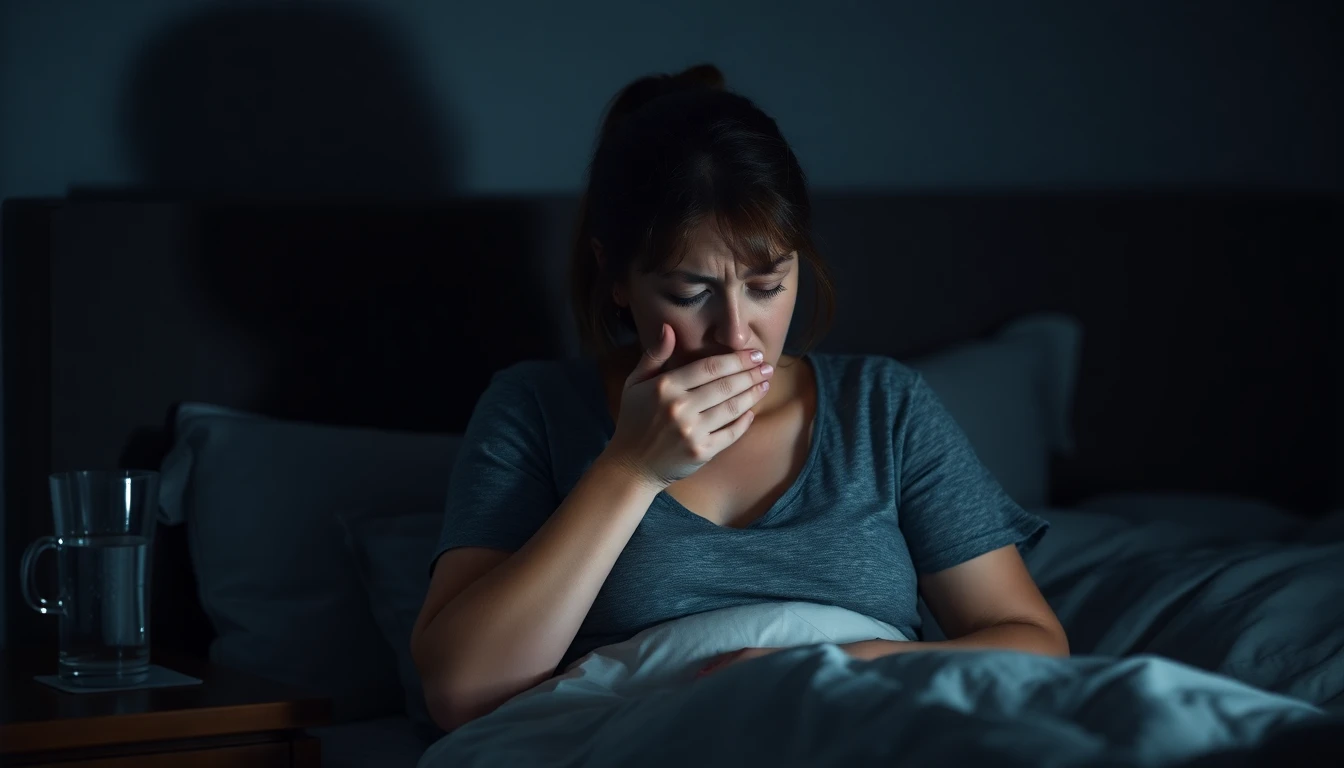 A tired woman sitting up in bed at night coughing. The room is dimly lit, and there is a glass of water on the nightstand. The woman looks exhausted and uncomfortable. The composition is slightly out of focus to emphasize the feeling of distress.