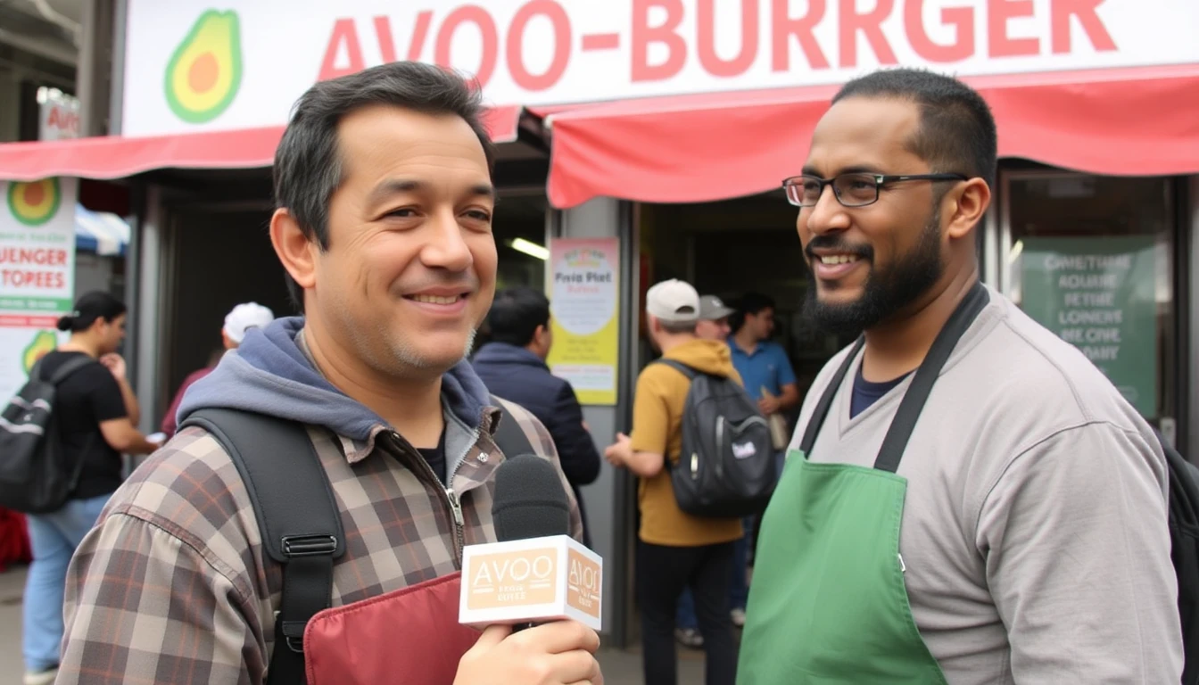 A vendor is being interviewed by a reporter outside the entrance of the Avo-Burger stand. He looks tired, but is smiling, with a line of customers queuing in the background.