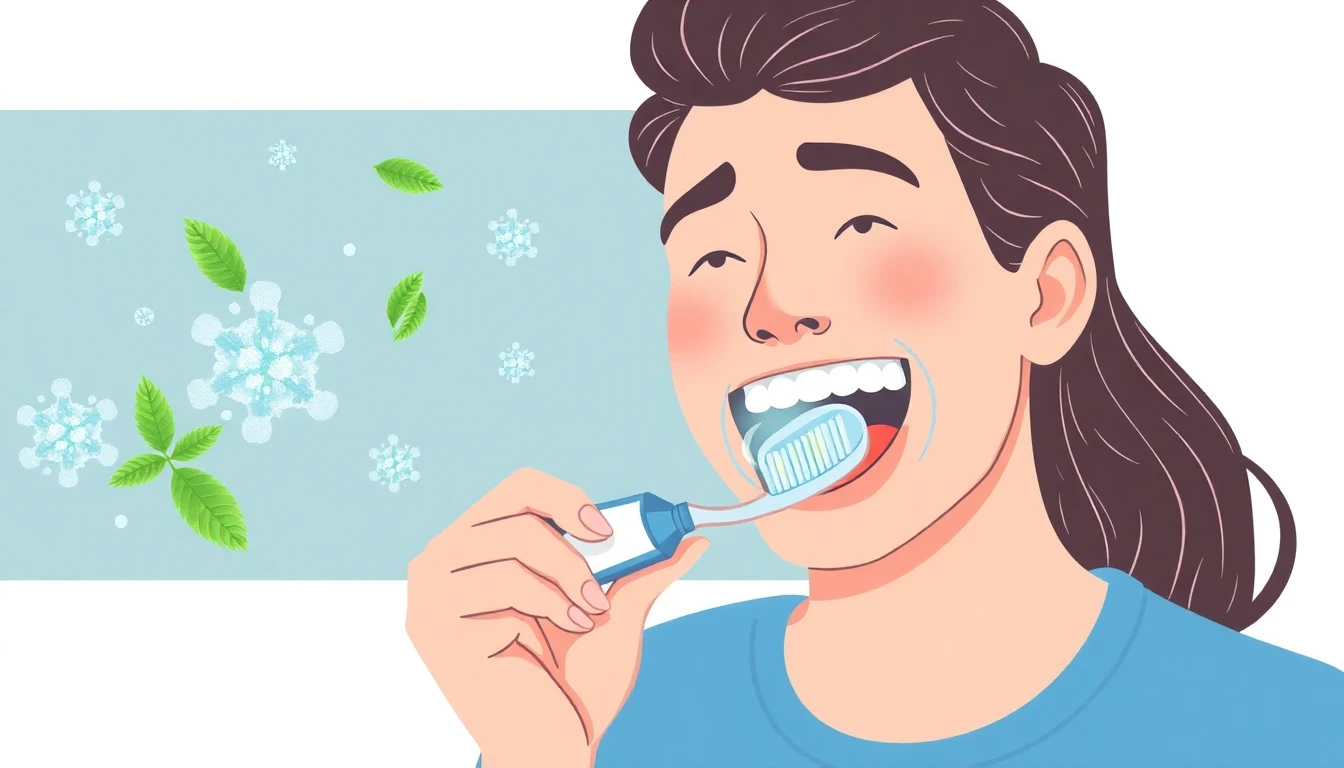An illustration of someone brushing their teeth with CoughRx-DMX™ toothpaste, and also has floating graphics of molecules that create a minty feeling.