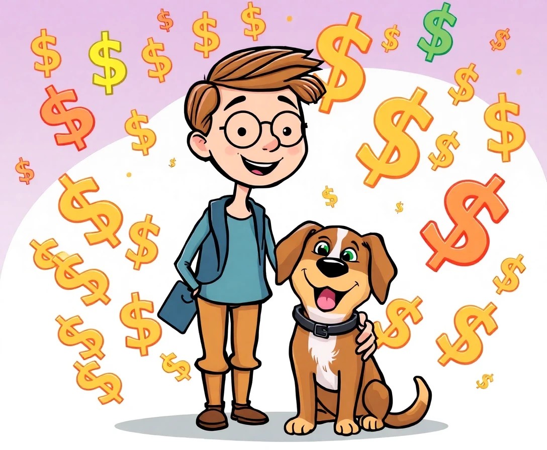 Cartoon illustration of a person with a dog, surrounded by dollar signs, representing pet business opportunity