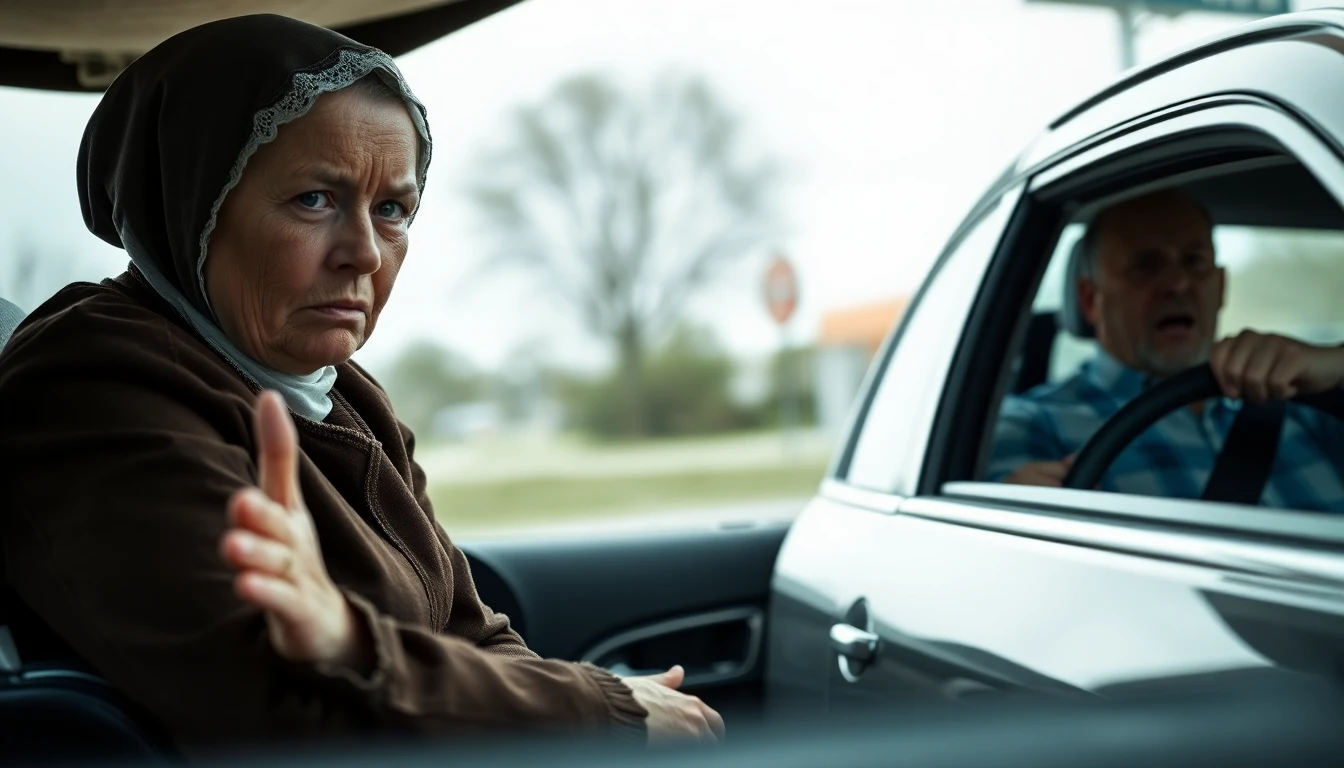 Close-up RAW photo of a stressed-looking Amish woman in traditional clothing, leaning out of her buggy and gesturing impatiently towards the drive-thru window. A frustrated-looking man in a car behind her honks his horn.