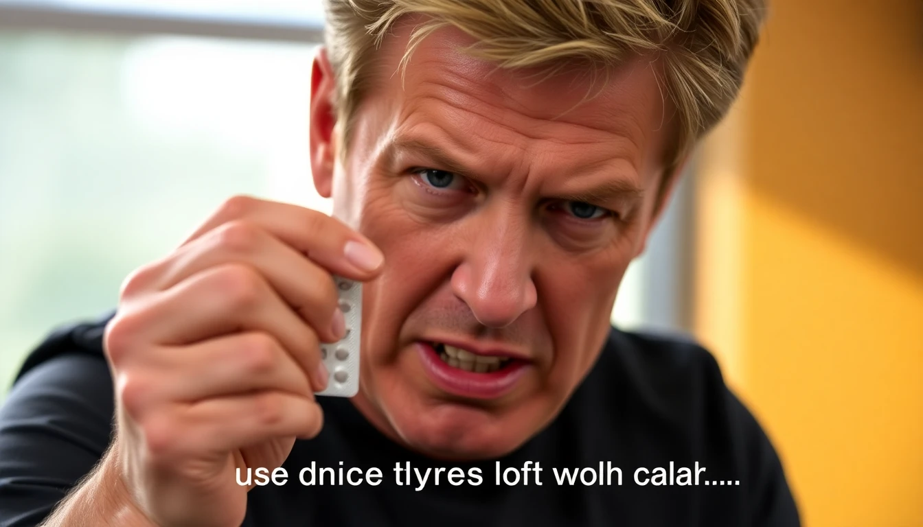 Close-up, dramatic lighting photograph of Gordon Ramsay on a morning show, holding a blister pack of pills, face contorted in disgust, with the words 