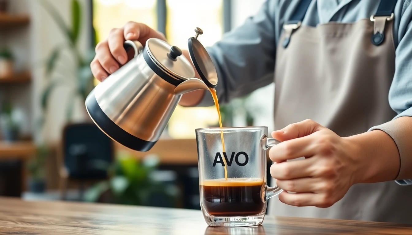 Close-up, high-resolution photograph of a barista preparing a cup of Avo Coffee, pouring steaming liquid from a vintage-style metal pitcher into a clear glass mug. The background is blurred, showing a modern cafe environment with plants and natural light.