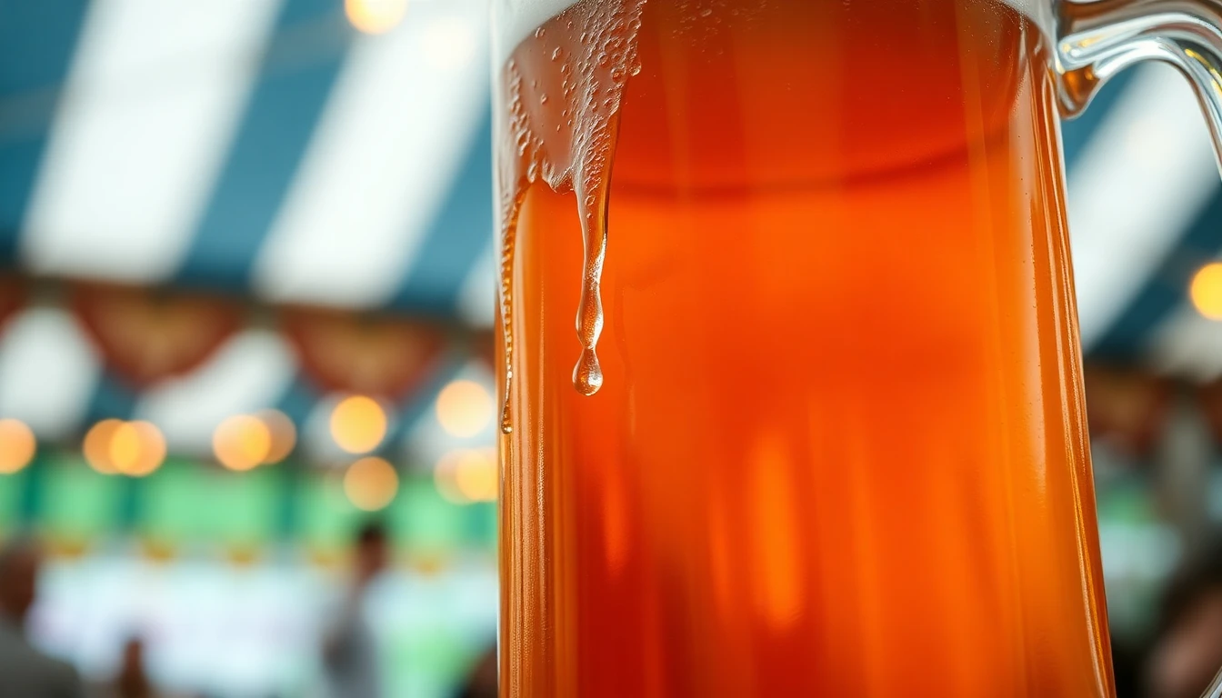 Close-up, slightly bokeh photograph of a partially filled beer stein with condensation droplets running down the side, against a blurred background of an Oktoberfest tent.