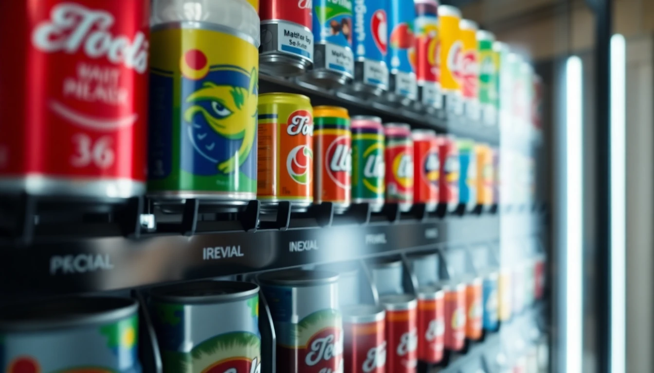 Close-up, slightly low-angle photograph of a brightly lit, modern school vending machine displaying rows of colorful cans of 