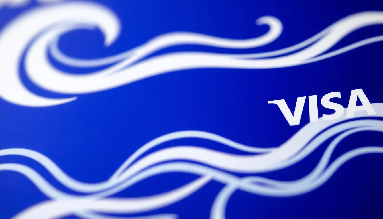 Close-up, vibrant product shot of the Sushi Financial Visa Platinum credit card. The card is predominantly a deep indigo color with stylized white waves swirling across its surface. The Visa logo is prominently displayed. Focus on the high-quality texture and crisp details of the card. Background should be soft and blurred.