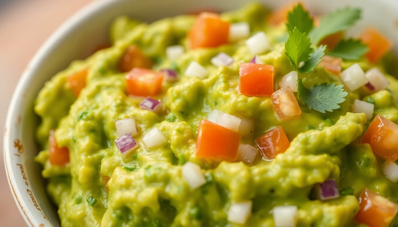 Close-up of a bowl of freshly made guacamole, with AvoGood avocados used as the main ingredient. Guacamole should be vibrant green and garnished with cilantro, onions, and tomatoes. Focus on the texture and color of the guacamole.
