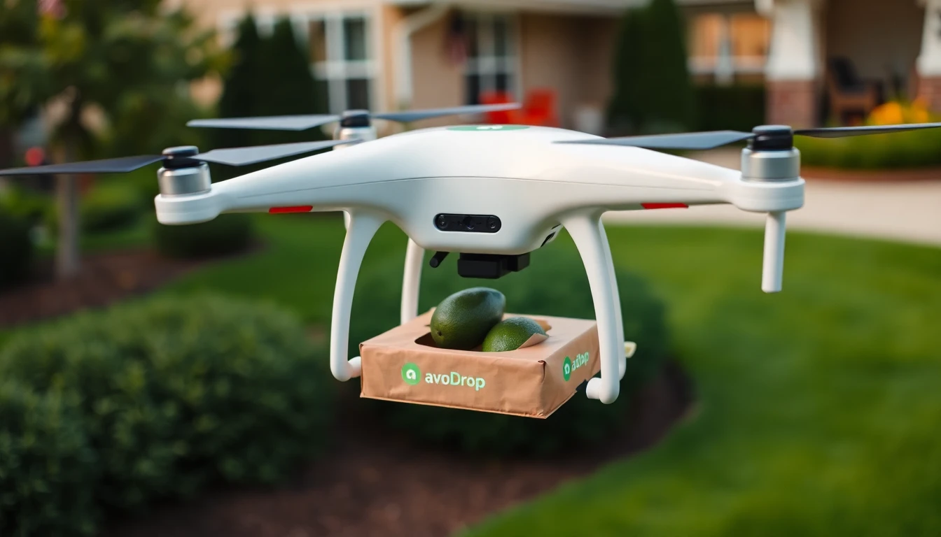 Close-up photo of a sleek, white delivery drone with the AvoDrop logo on its side, hovering just above a suburban front yard with a package containing avocados clearly visible underneath.
