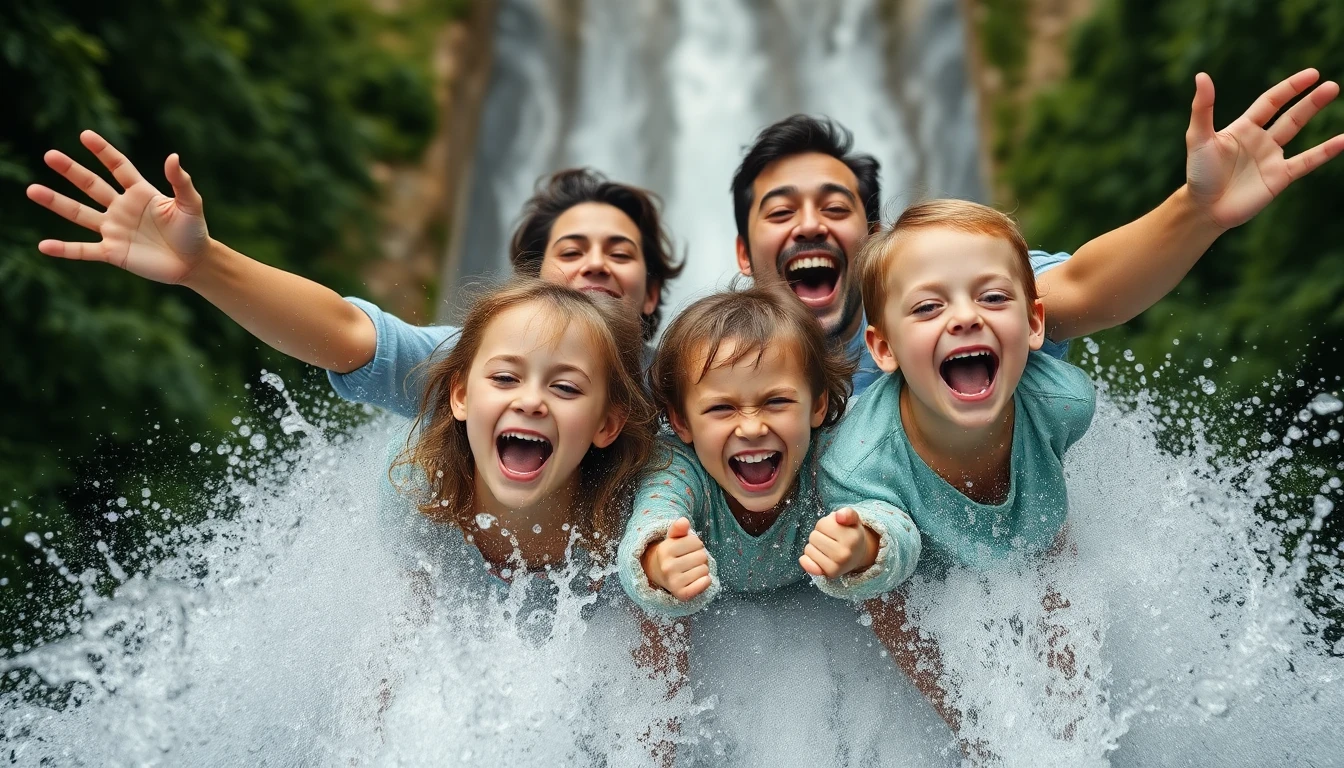 Close-up photograph of a family of four (two parents, two children) screaming with delight as they plunge down the
