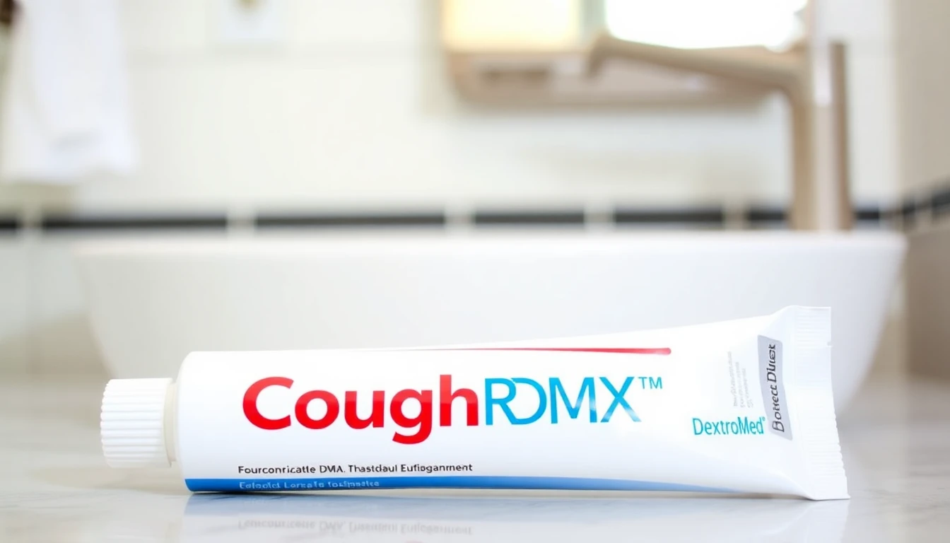 Close-up photograph of a tube of CoughRx-DMX™ toothpaste, showcasing its packaging and the DextroMed logo, with a soft, blurred background suggesting a bathroom setting.
