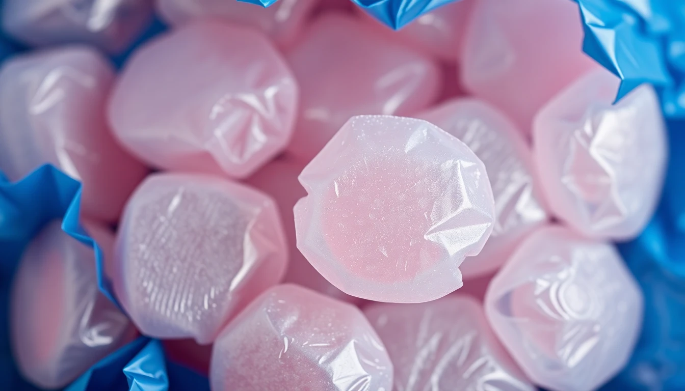 Close-up product shot of a handful of translucent, iridescent cough drops in a crinkled blue wrapper with 