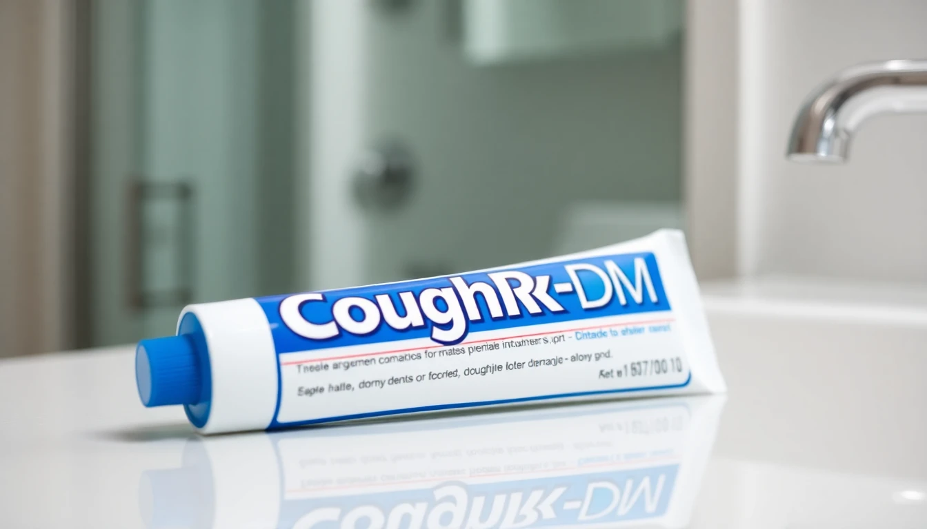 Close-up product shot of a tube of CoughRx-DMX toothpaste on a reflective white surface. The tube is primarily blue and white with bold lettering. The background is blurred and suggests a clean, modern bathroom setting.