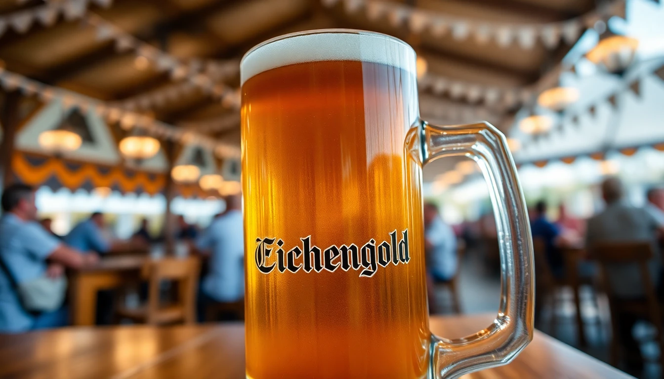 Close-up shot of a half-liter maß of Eichengold beer in a traditional stein, showcasing its rich amber color and creamy head. The stein is sitting on a wooden table in a bustling Oktoberfest beer tent.