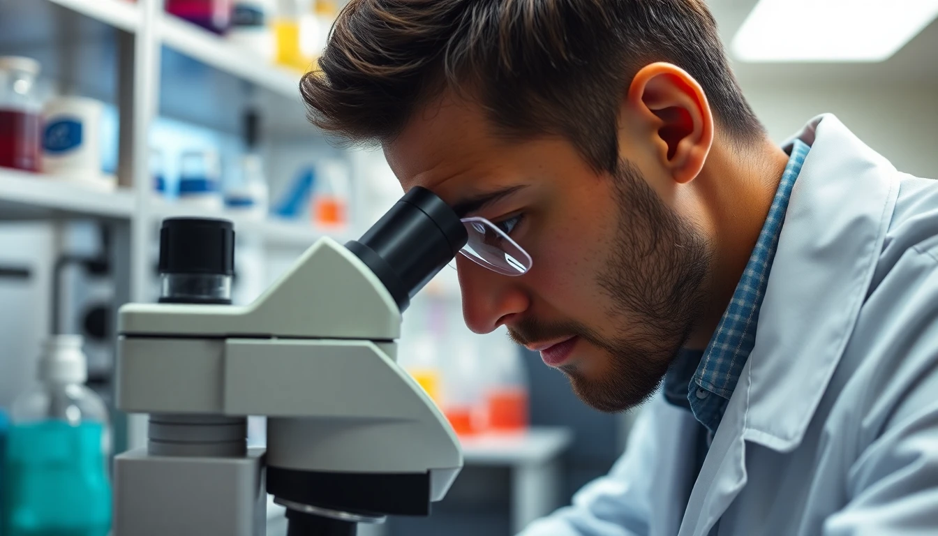 Close-up shot of a scientist in a lab coat, peering intently through a microscope. In the background, lab equipment and beakers filled with colorful liquids are visible. The lighting is bright and professional, conveying a sense of scientific rigor.