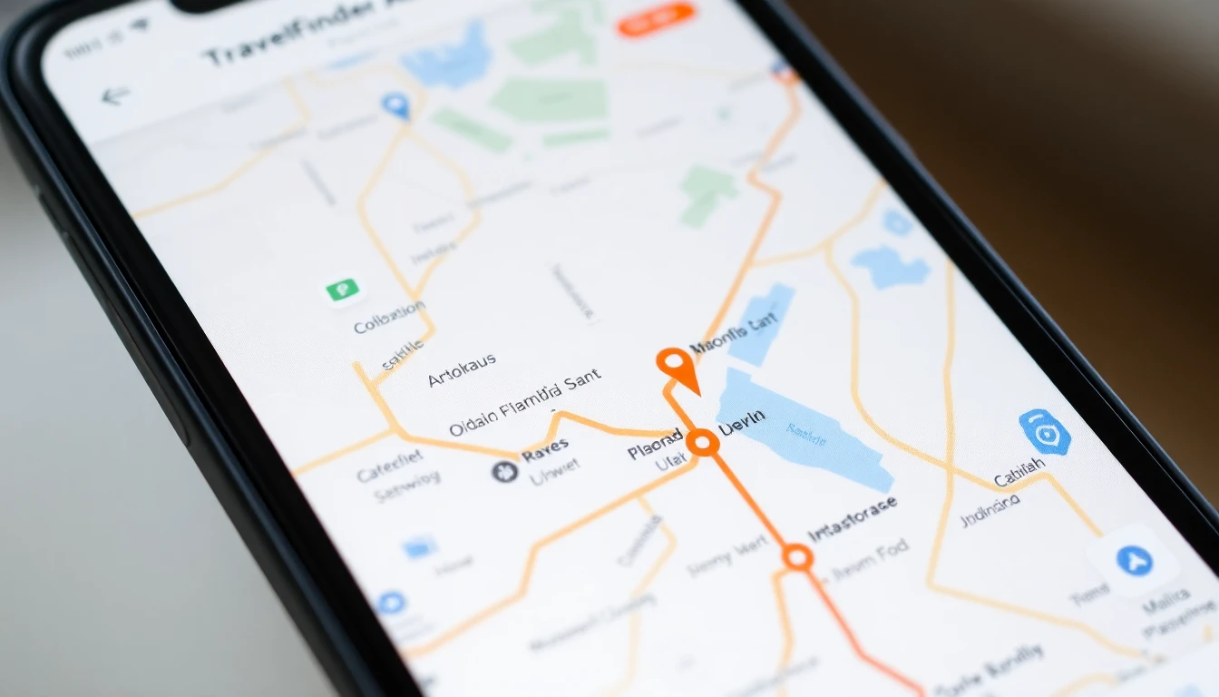 Close-up shot of a smartphone displaying the TravelFinderAI mobile app. The app shows a map interface with highlighted points of interest and travel routes. Focus on the clarity of the app