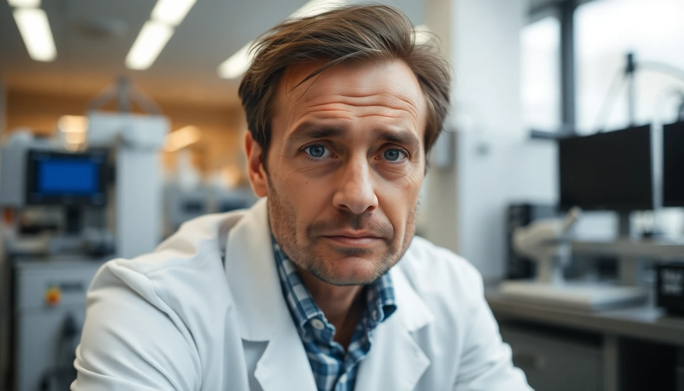 Close up shot of a tired but determined man with slightly tousled hair, wearing a lab coat, sitting in a modern laboratory with sophisticated equipment blurred in the background. He is looking directly at the camera with a tired but hopeful expression. Focus on conveying intelligence and persistence.