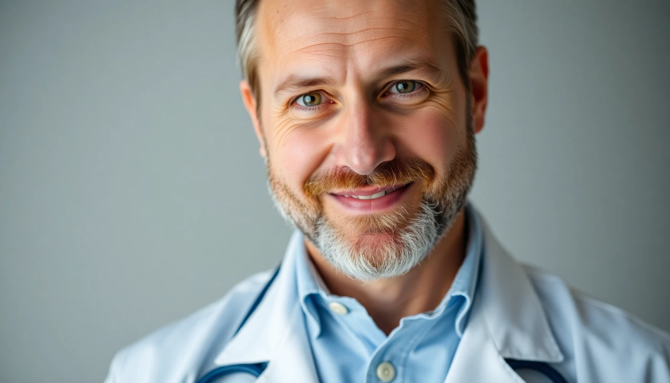 Close-up studio shot, professional headshot of Dr. Alistair Humphrey, a man in his late 40s with kind eyes and a neatly trimmed beard, wearing a lab coat over a crisp button-down shirt. He is smiling gently, with a hint of thoughtful intelligence in his expression. Soft, diffused lighting.