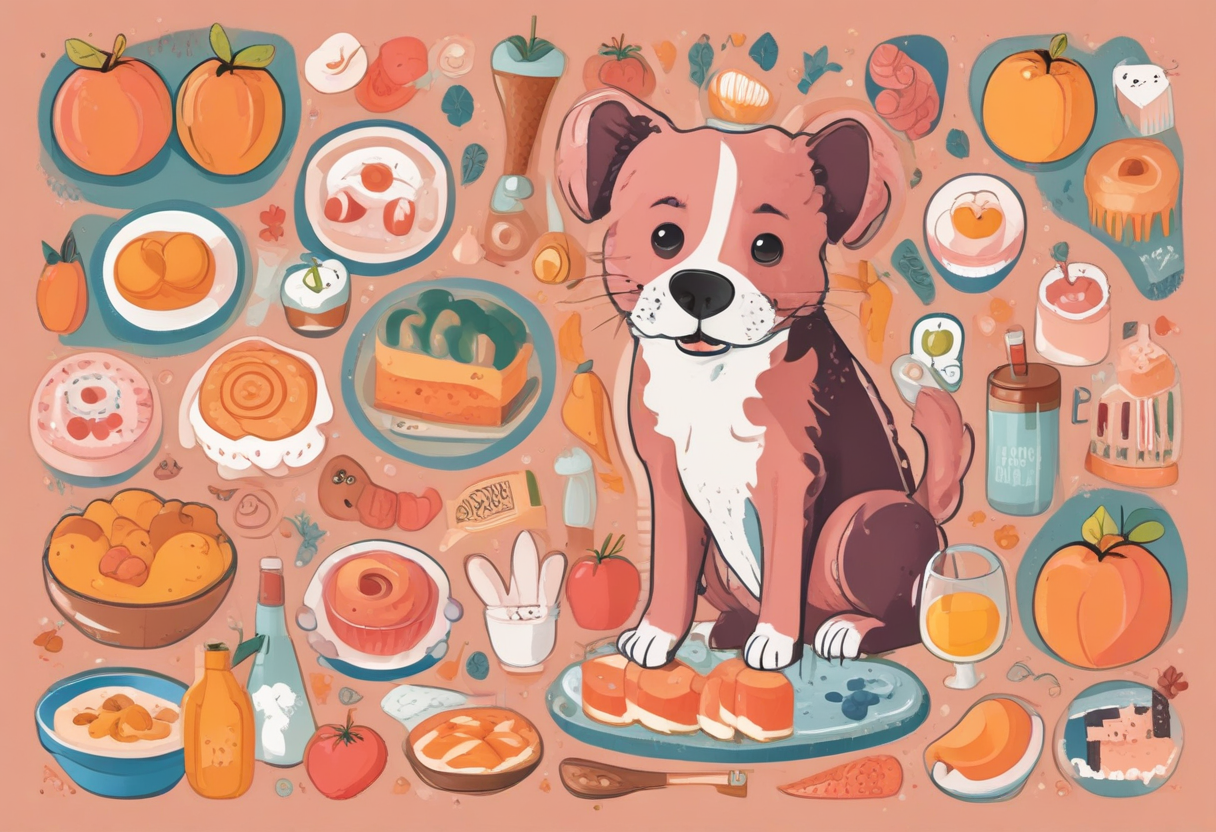 Collage of various ways to serve peaches to dogs - sliced, pureed, and frozen, cartoon style