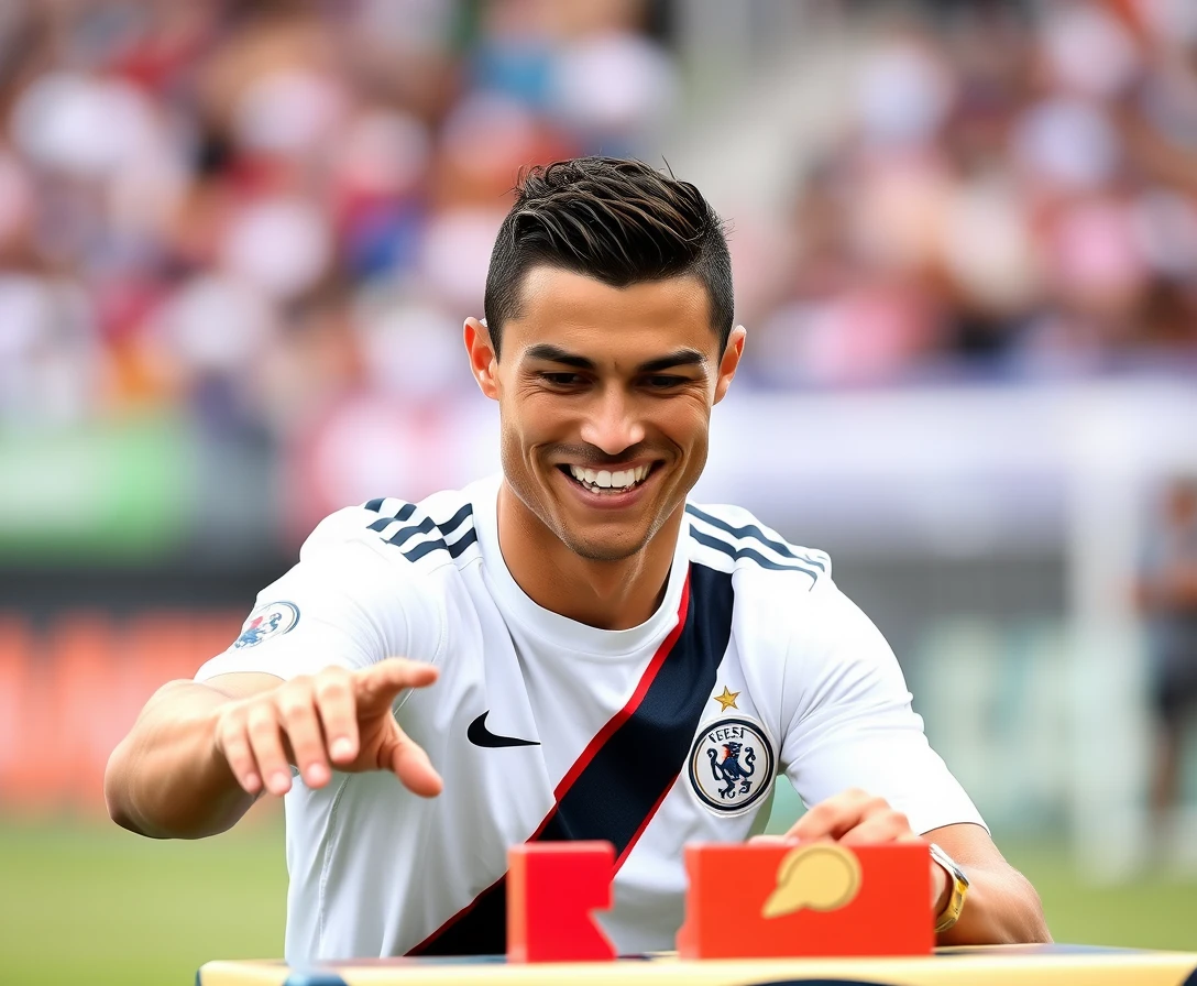 Cristiano Ronaldo sorrindo e jogando um dos nossos jogos
