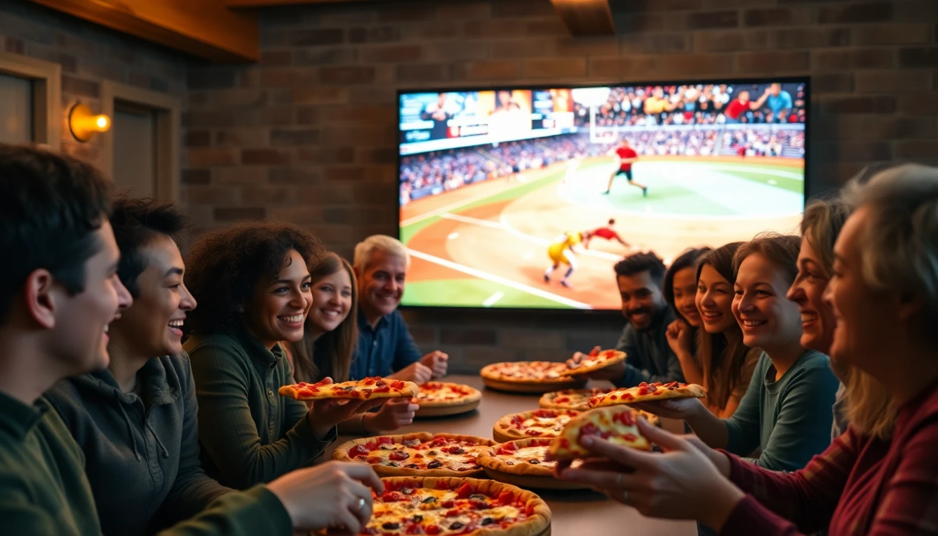 Detailed RAW photograph capturing a diverse group of people of various ages sharing pizza and watching a large television screen with abstract sports imagery on it. Focus on faces showing joy, connection, and shared experience. Warm, inviting lighting. Cozy, home-like or community-hall setting.