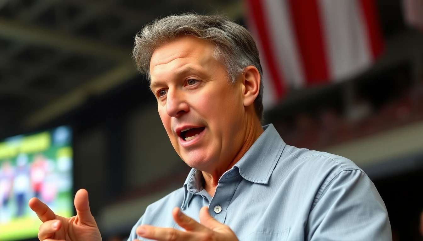 Detailed RAW photograph of a charismatic man in his late 40s, dressed in a casual shirt, speaking enthusiastically while gesturing. Background subtly includes elements suggesting football fandom or a large gathering space, perhaps a television screen in the distance or flags. Natural lighting, shallow depth of field.