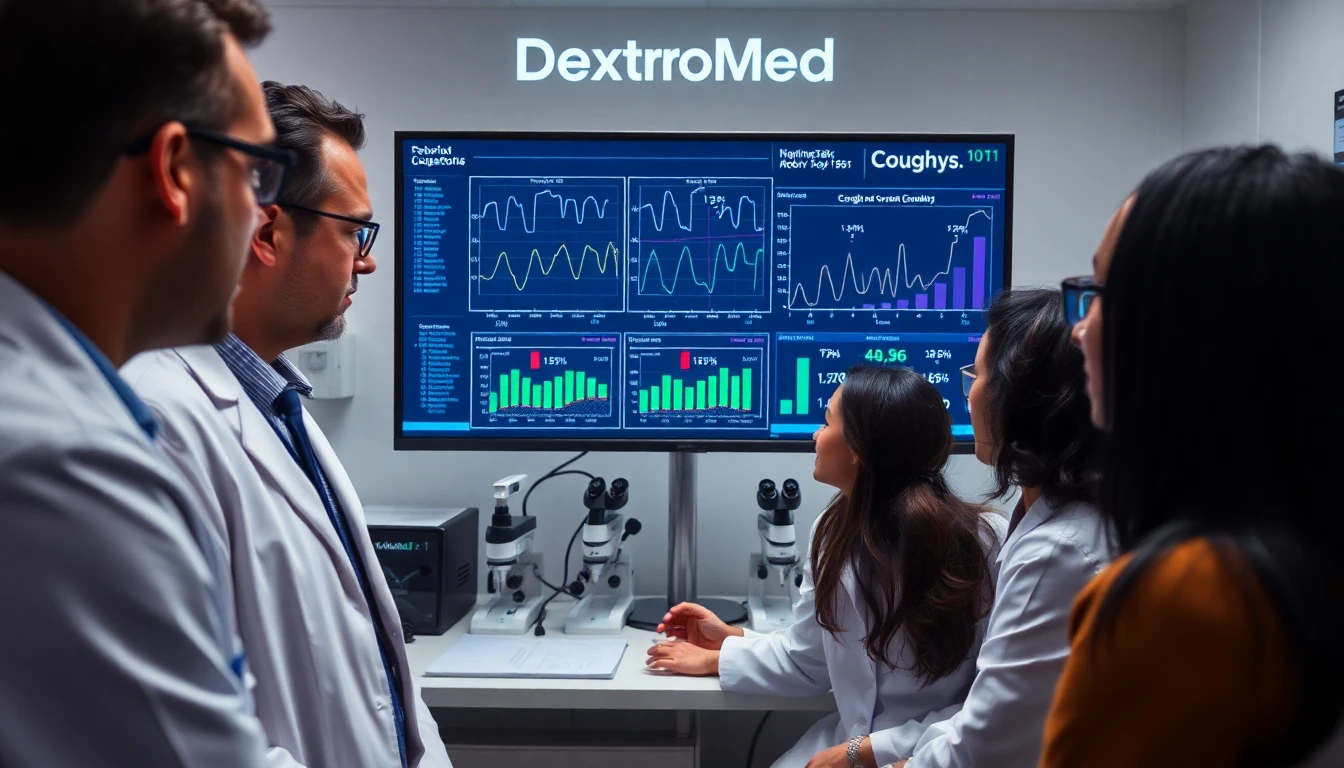 Detailed clinical laboratory environment with a diverse group of researchers analyzing data displayed on a large monitor, showing graphs and charts related to cough frequency, with the DextroMed logo subtly visible in the background.