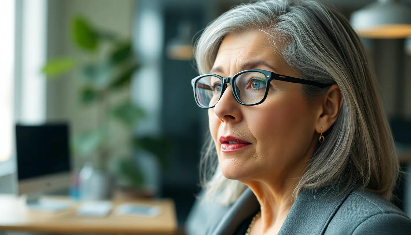 Detailed photo of a woman with glasses and grey hair, looking thoughtful while speaking, slightly blurred modern office background. Shot with a professional camera lens.