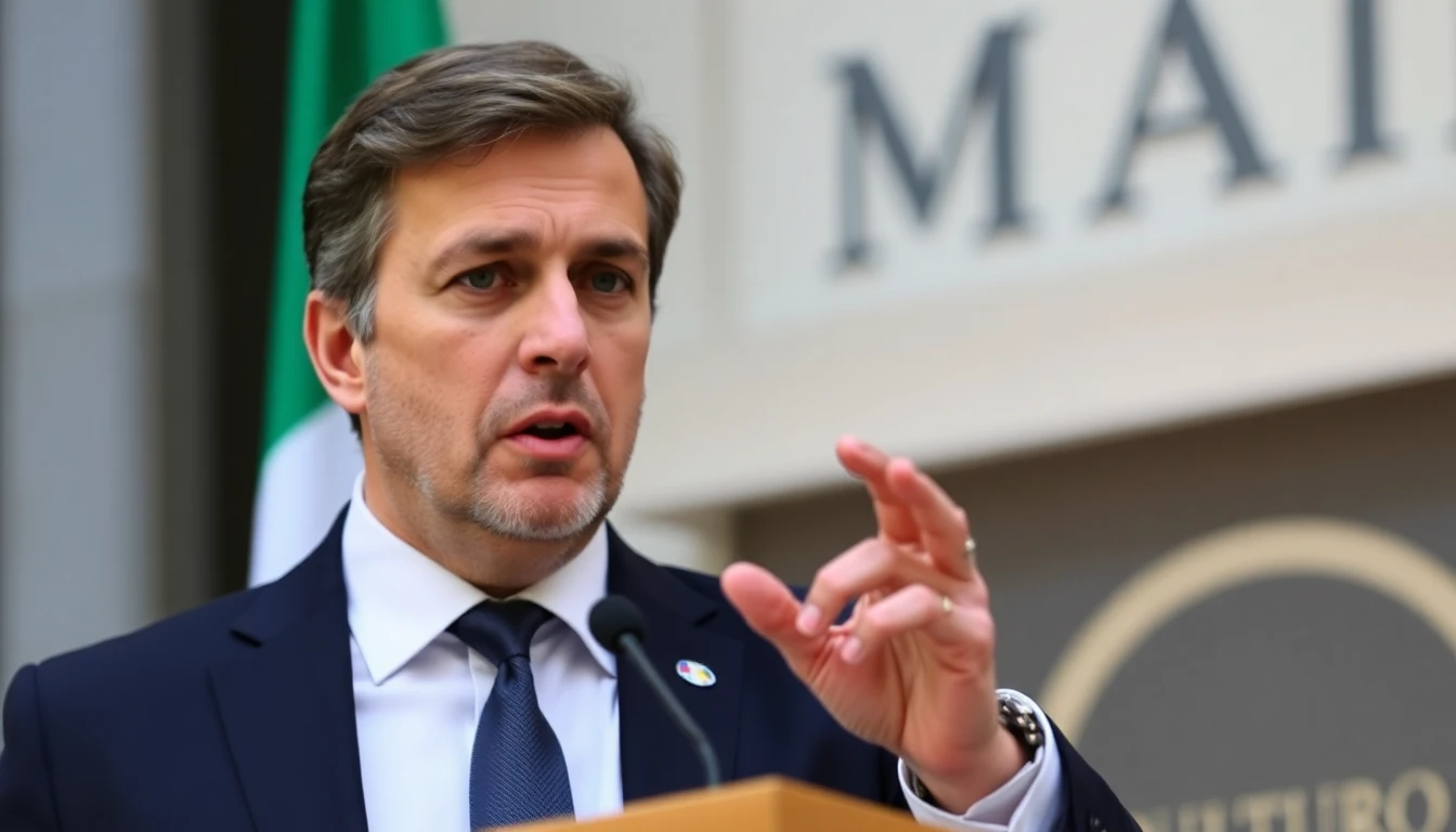 Detailed photograph of Italian Minister of Culture, Gennaro Esposito, addressing reporters outside the Ministry of Culture in Rome. He is standing at a podium with the Italian flag visible in the background. His expression is serious and he is gesturing with his hand.