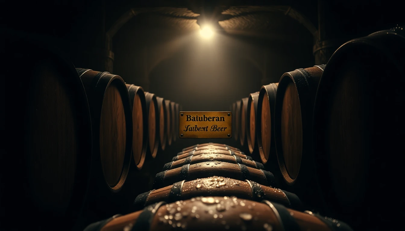 Dramatic photograph of a dimly lit Bavarian beer cellar, showcasing rows of oak barrels with condensation glistening on them. A single spotlight illuminates a brass plaque on one barrel engraved with 