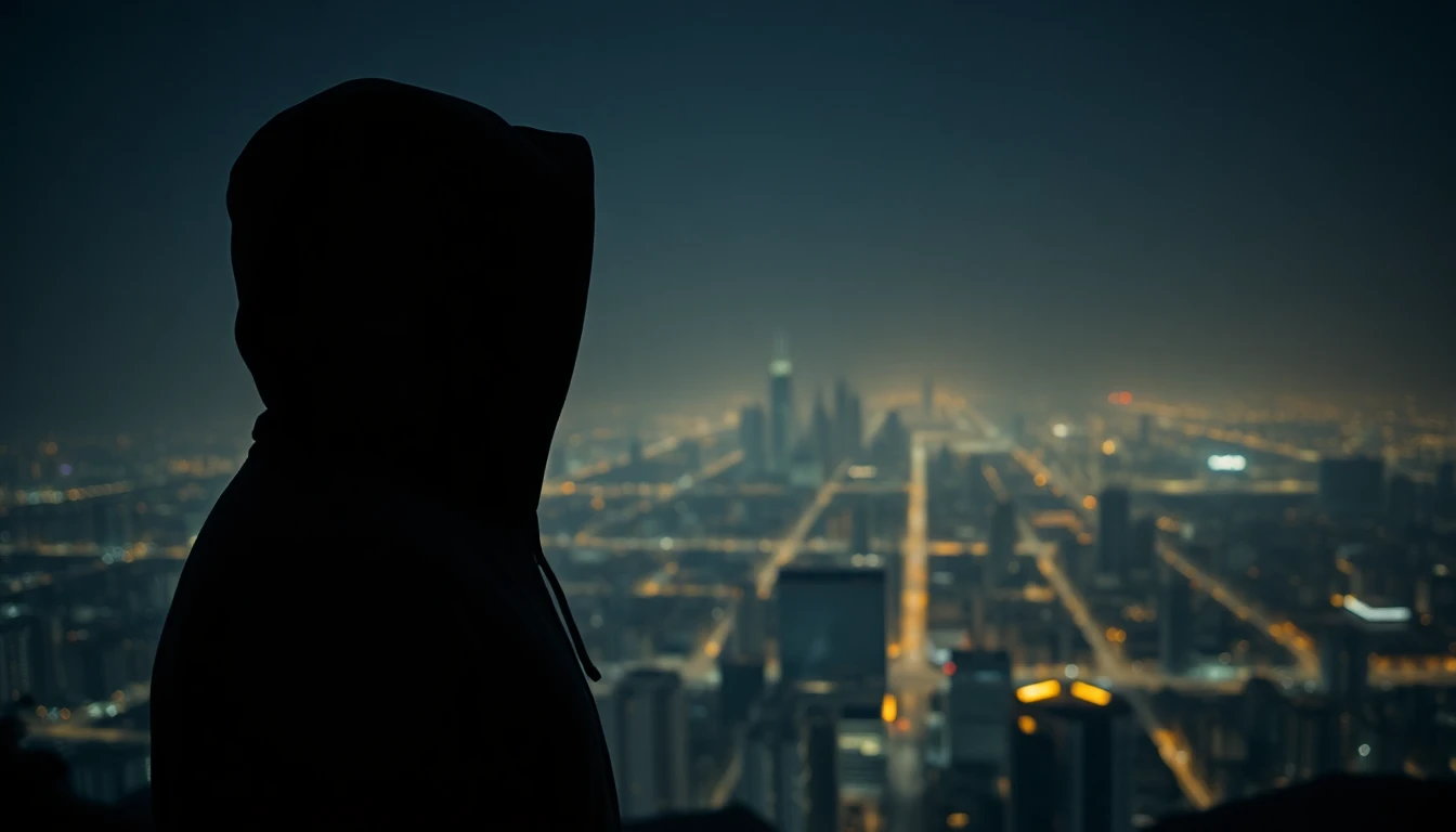 Extremely detailed RAW photograph, slightly mysterious figure wearing a simple, plain dark hooded garment with face obscured by shadow, looking out over a sprawling, anonymous city skyline at night. Focus on the silhouette and the distant lights. Atmospheric.