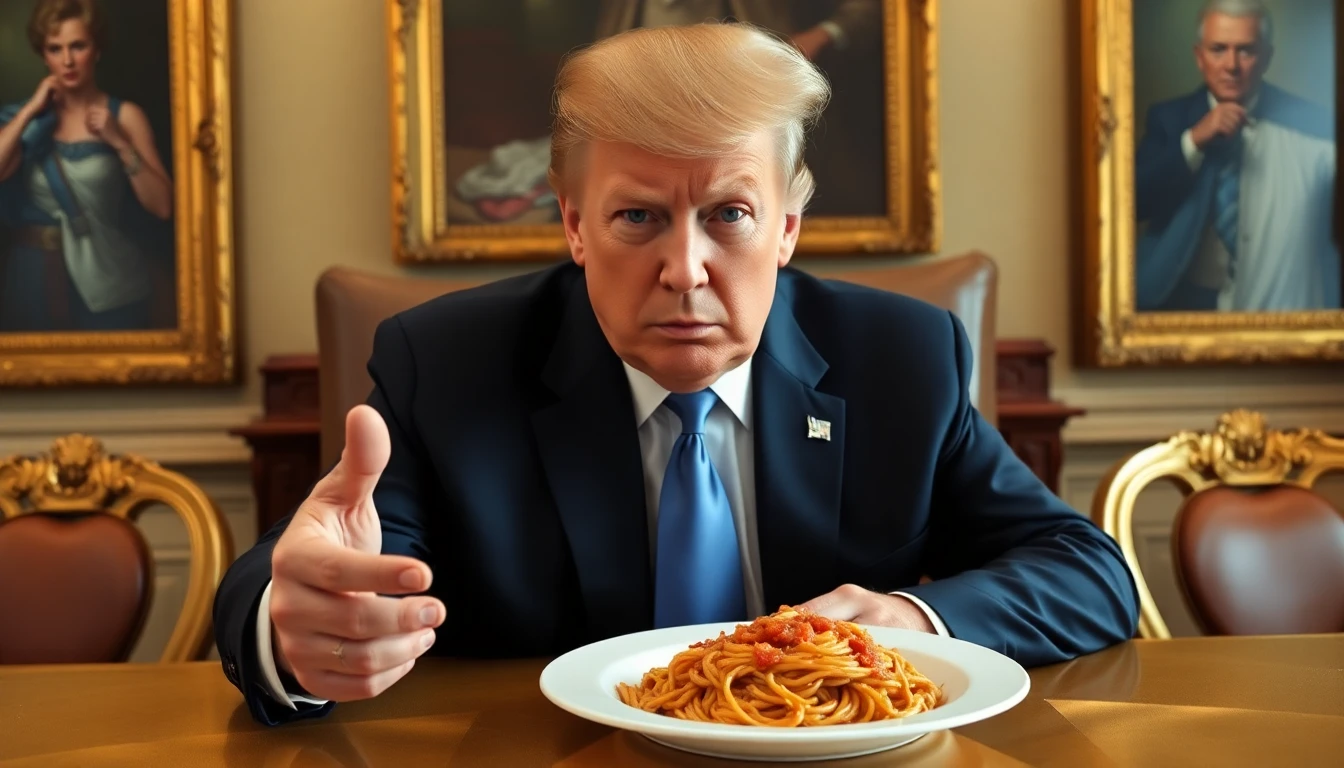Extremely detailed RAW photograph of Donald Trump sitting at a golden table in a room decorated with his own portraits, holding a plate of spaghetti in one hand and gesturing with the other, a confident and slightly defiant expression on his face. The spaghetti looks surprisingly well-prepared and saucy.
