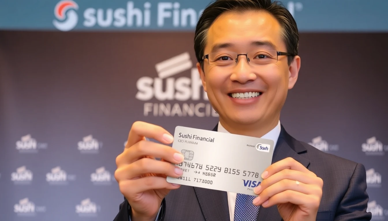 Extremely detailed RAW photograph of Kenji Tanaka, CEO of Sushi Financial Services, smiling while holding the Sushi Financial Visa Platinum card in front of a backdrop showcasing the Sushi Financial logo. He is wearing a well-tailored dark blue suit. The lighting is professional, casting a warm glow on his face.