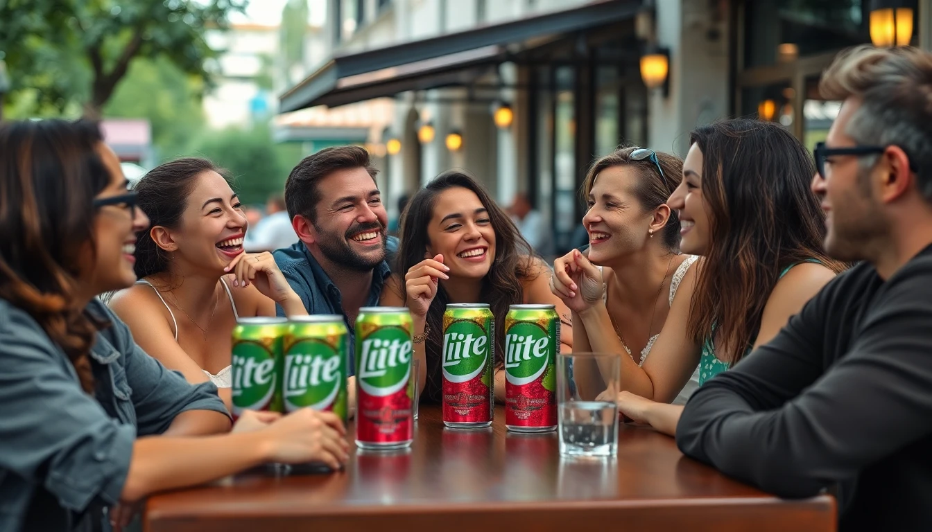 Extremely detailed RAW photograph of a diverse group of people in their late twenties to early thirties laughing and talking around a table at an outdoor cafe. On the table are several brightly colored Nic Lite cans and glasses of water. The atmosphere is relaxed and friendly.