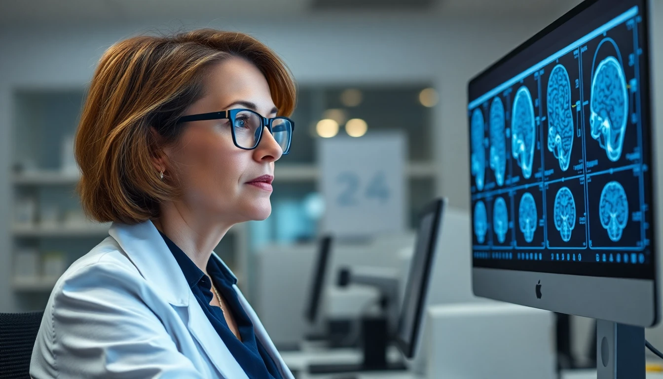 Extremely detailed RAW photograph of a middle-aged female cognitive neuroscientist with glasses looking thoughtfully at brain scans on a computer monitor in a modern university lab setting. Professional lighting.