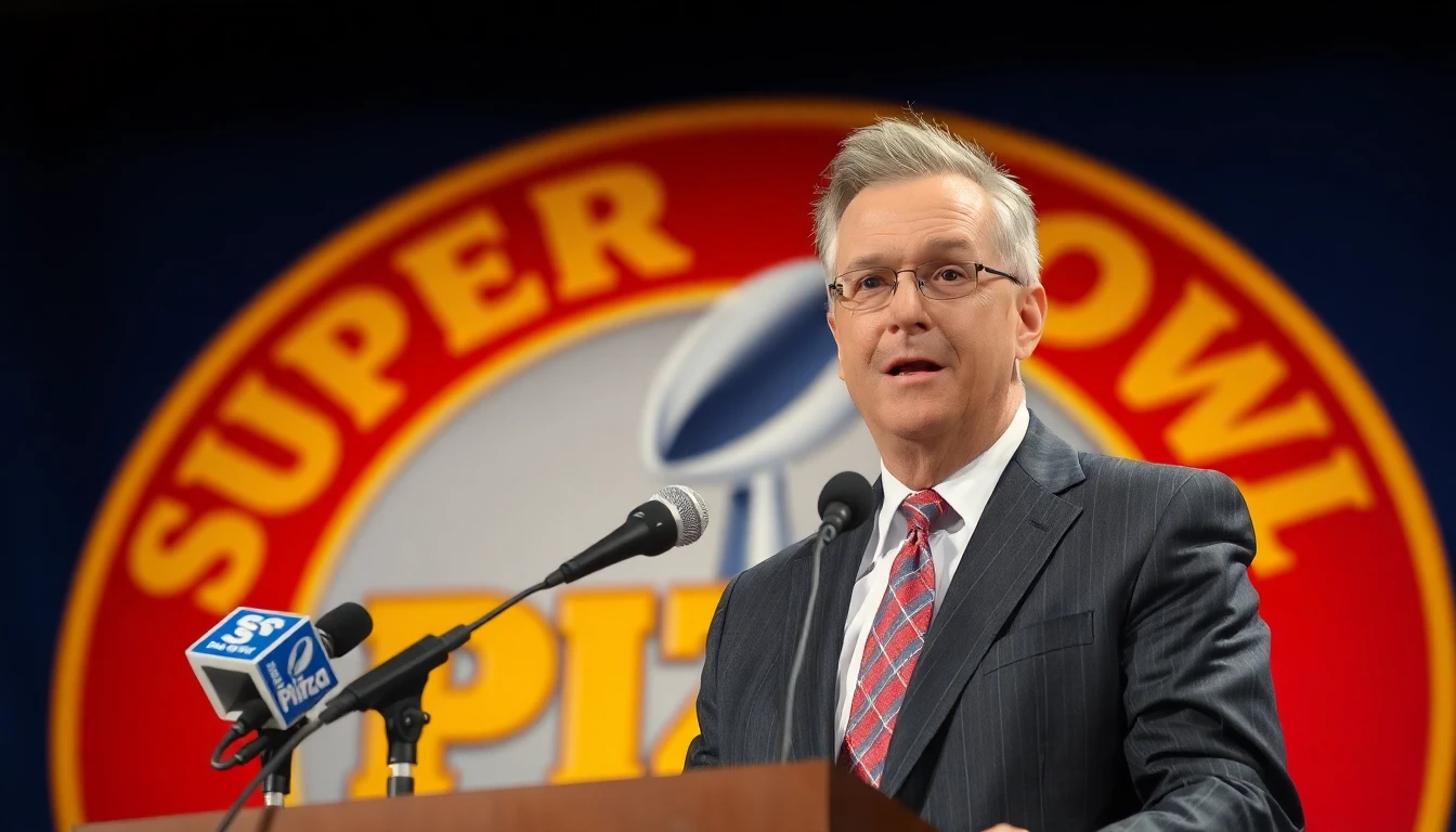 Extremely detailed RAW photograph of a middle-aged man in a business suit standing at a podium with a Super Bowl Pizza logo backdrop, speaking into microphones. He looks confident and slightly eccentric. Natural lighting.