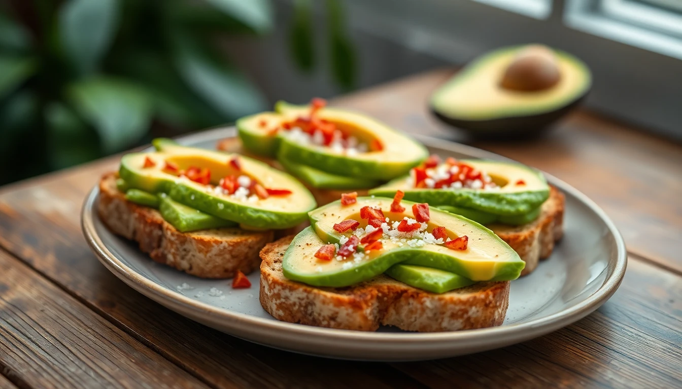 Extremely detailed, appetizing, bright natural light RAW photo of a plate of beautifully prepared avocado toast with flaky sea salt and red pepper flakes on a rustic wooden table. Shallow depth of field.