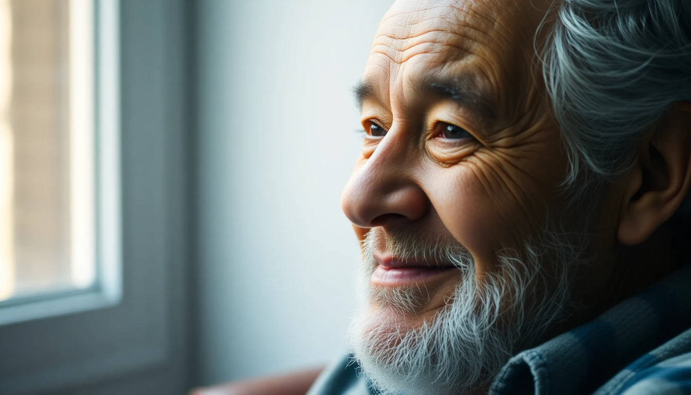 Extremely detailed candid RAW photograph of a diverse person, maybe in their 60s, smiling slightly while appearing to be thinking or recalling something, perhaps sitting by a window with soft light. Natural expression.