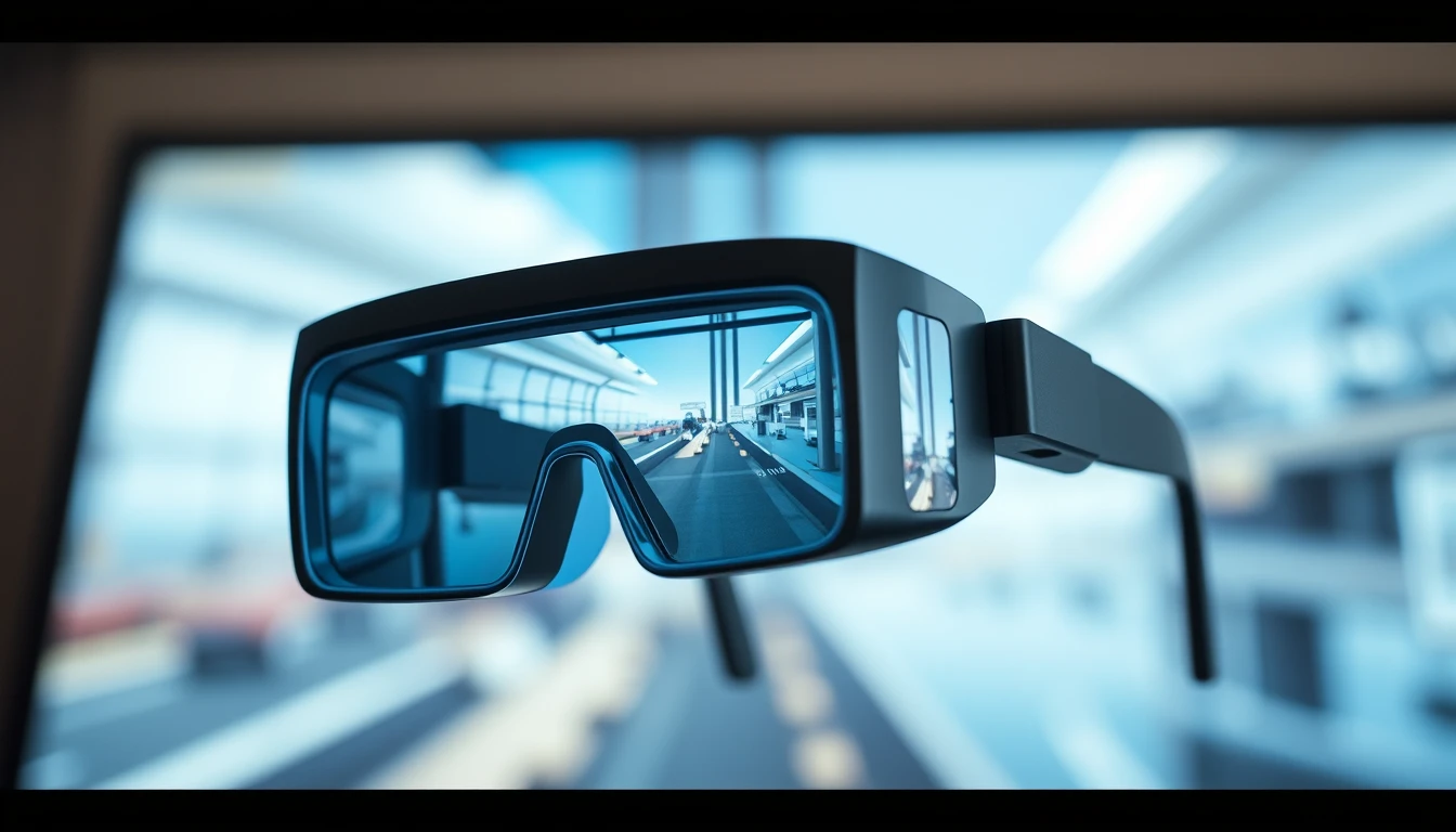 Un par de gafas de realidad virtual negras con lentes azules que reflejan una escena de una carretera con coches.