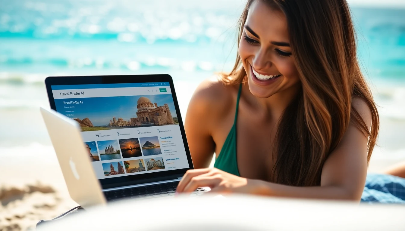 High-angle shot of a young woman smiling and looking at a laptop screen displaying the TravelFinderAI interface. The background is a sunlit beach with a turquoise ocean. Focus on the laptop and the woman