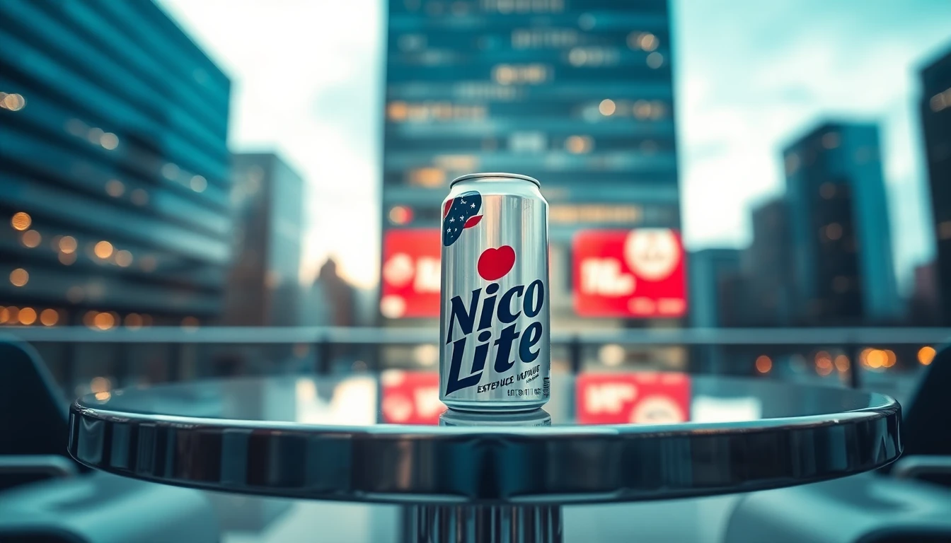 Highly detailed, low-angle photograph of a sleek, futuristic-looking Nic Lite can sitting on a polished chrome table with a blurred, modern cityscape in the background. Focus on the can
