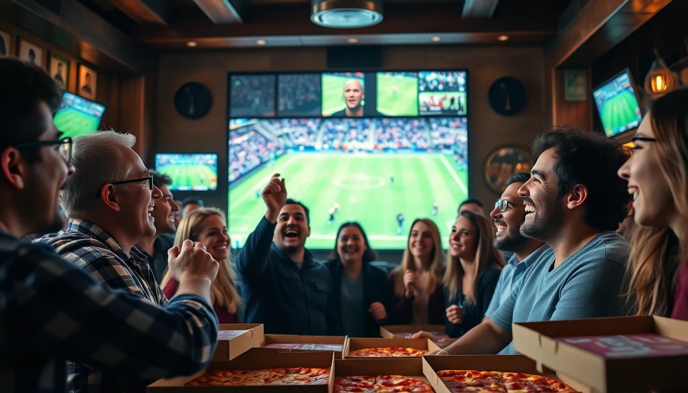 Highly realistic photo of a diverse group of people enthusiastically watching a sports game on a large screen in a lively pub or restaurant setting, surrounded by pizza boxes. Focus on happy, engaged faces.